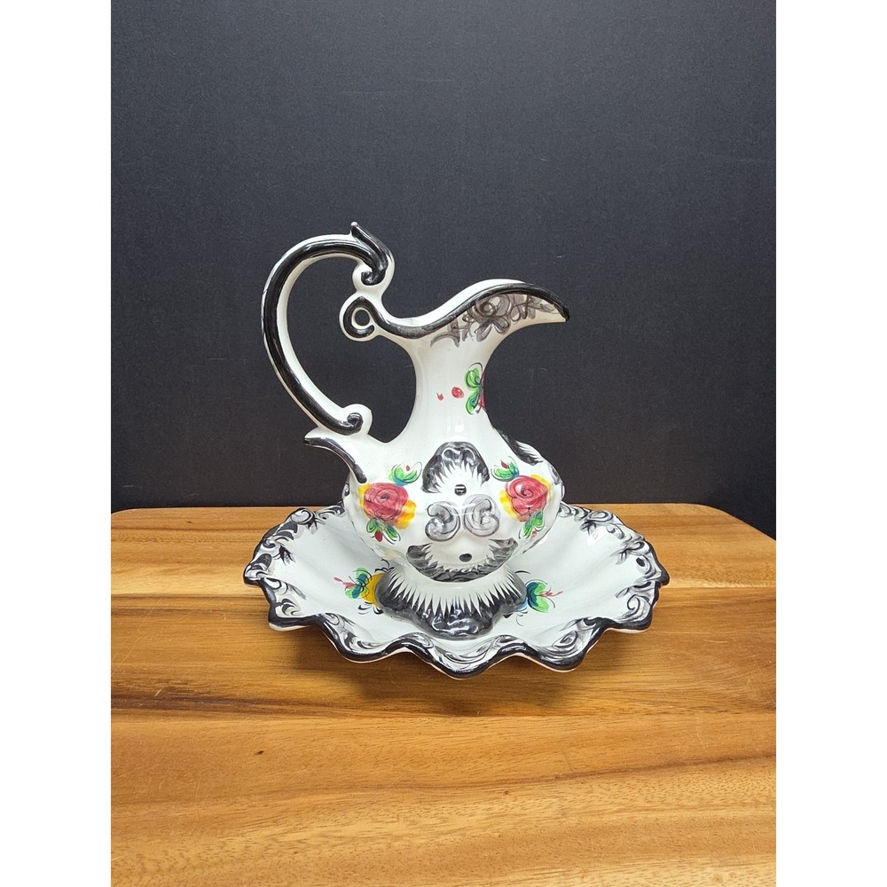 Vtg Vestal Alcobaca Portuguese Pitcher & Plate Art Pottery  Black & White